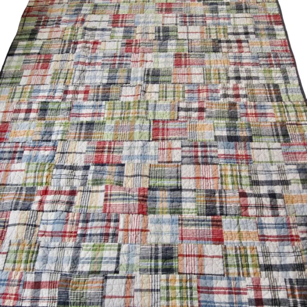 Pottery Barn Madras Plaid Patchwork Full Queen Quilt w 2 Shams Red Blue Green